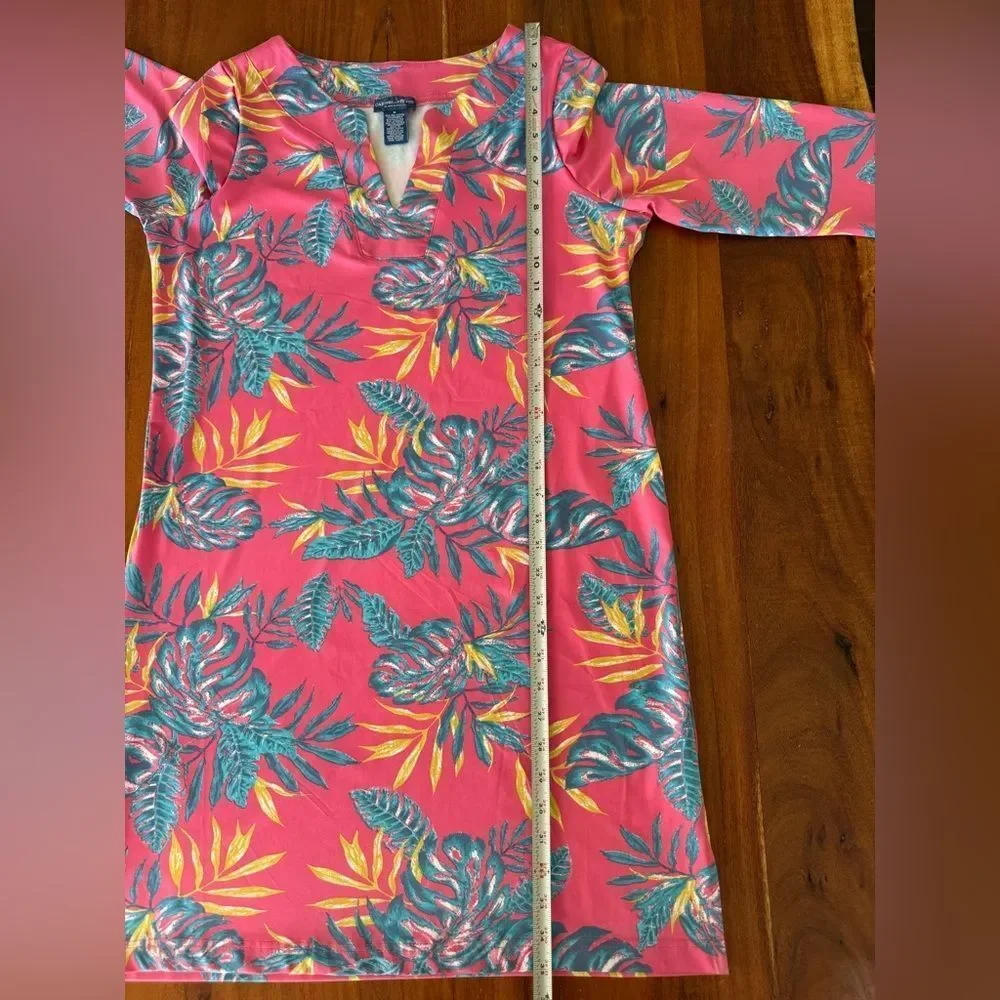 Caribbean Joe Tropical Floral Notch Neck Shift Dress Pink Blue Size Medium